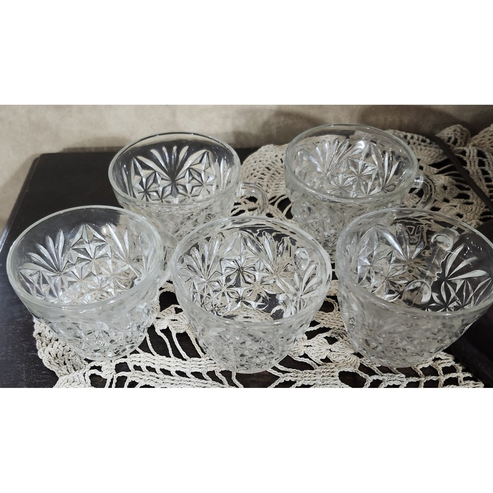VTG 5 Anchor Hocking Arlington Clear Glass Punch Cups Diamond And Fan Pattern